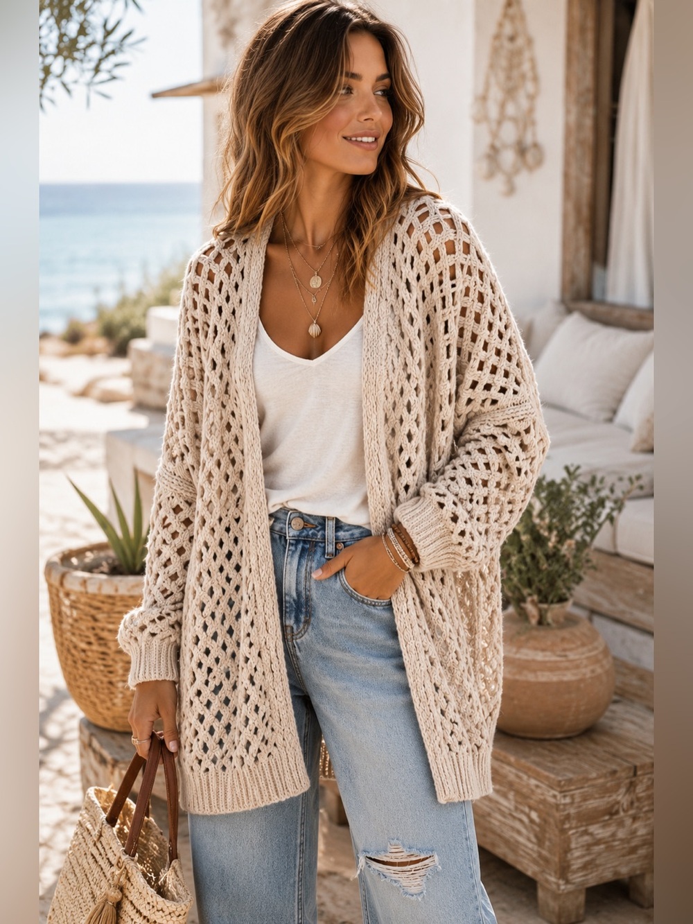 Joan Vass Studio Open Knit Cardigan | XL | Coastal Boho | Oversized Wool Blend